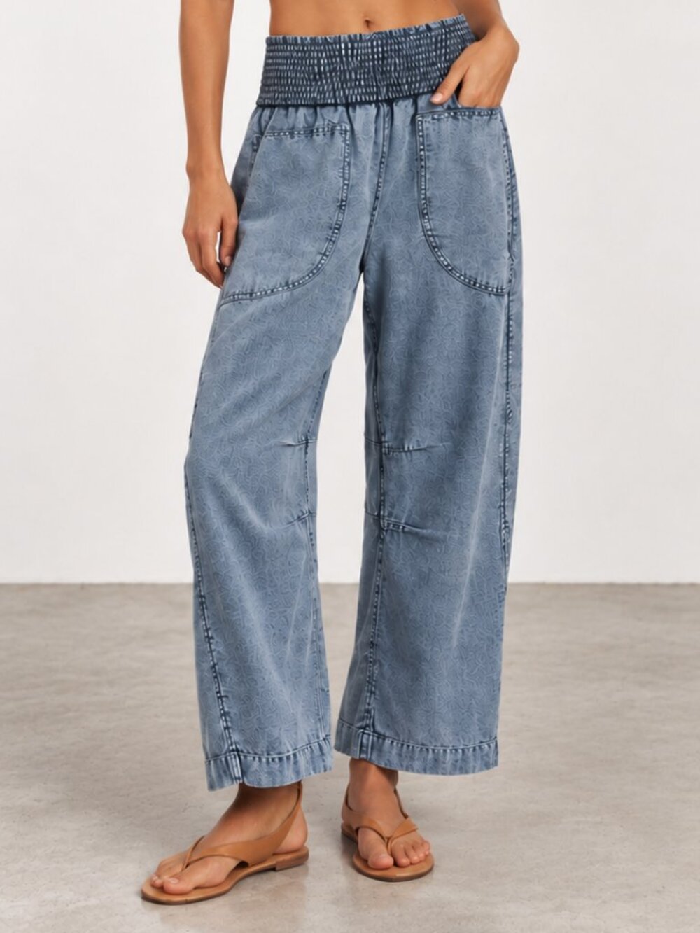 ANTHROPOLOGIE Pilcro Reese Smocked Pull-On Barrel Jeans Ankle Pants Blue NWT S